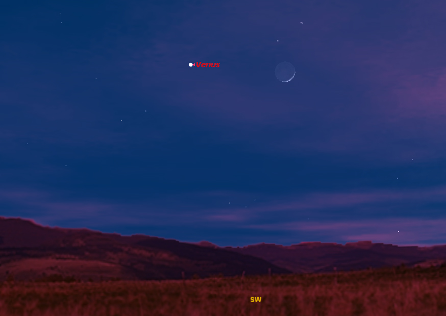 This sky map shows how the planet Venus and the moon will appear in the southwestern sky at 5 p.m. local time on Dec. 26, 2011.