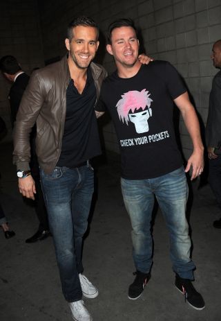 SAN DIEGO, CA - JULY 11: Actors Ryan Reynolds (L) and Channing Tatum pose at the 20th Century FOX panel during Comic-Con International 2015 at the San Diego Convention Center on July 11, 2015 in San Diego, California.