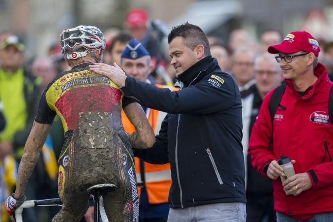 Kermiscross winner Klaas Vantornout (Sunweb-Napoleon Games) is congratulated by team manager Jurgen Mettepenningen