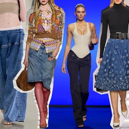 the spring 2025 denim trends at Acne Studios, Aläia, Versace, Schiaparelli, Michael Kors, Bally