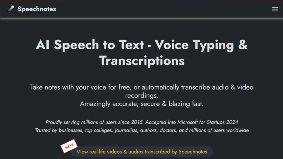 Speechnotes website screenshot (August 2025).