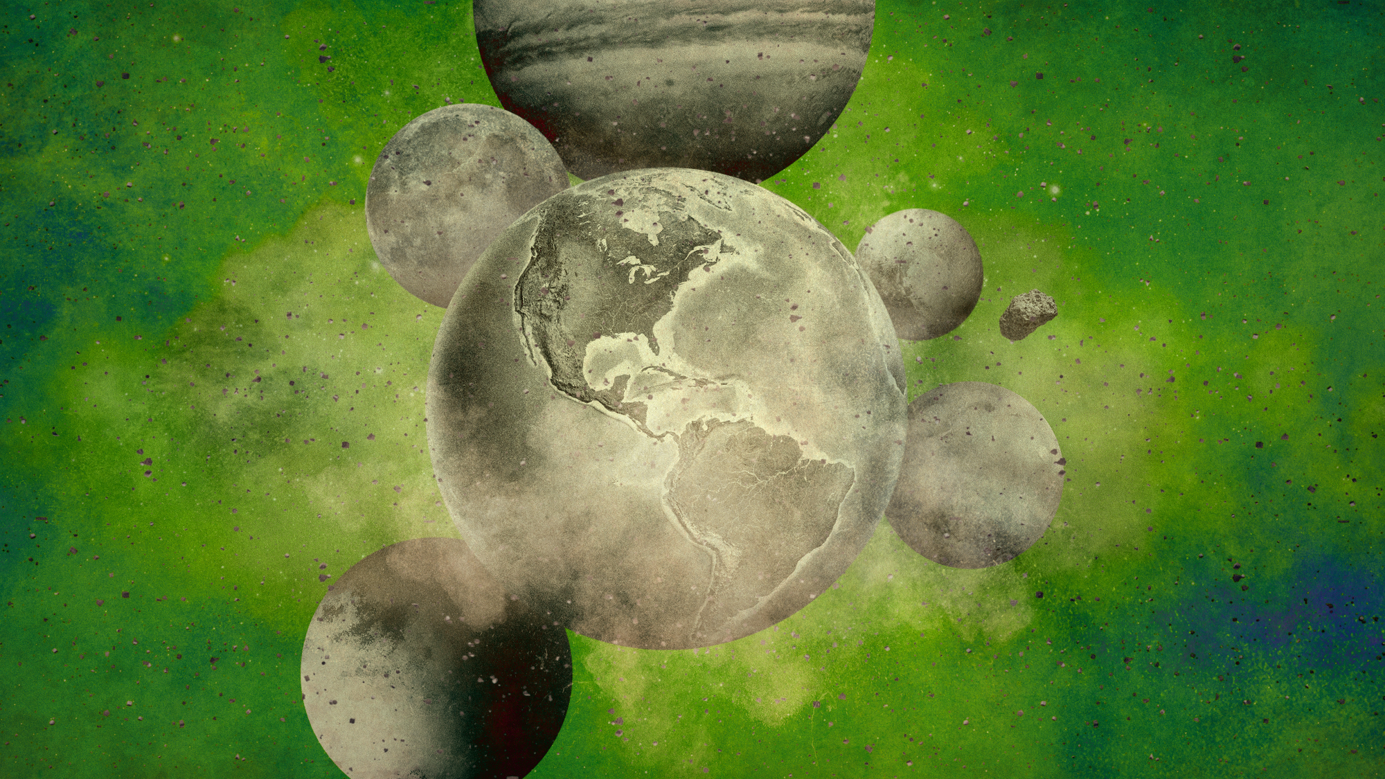 Illustration of Earth and other planets in a haze of pollution