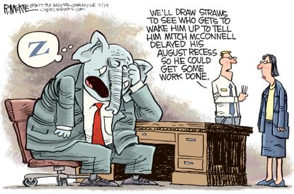 Political cartoon U.S. GOP health-care bill Mitch McConnell August recess
