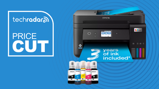 Epson EcoTank ET-4850 on a blue background next to a TechRadar badge reading 'Price Cut'