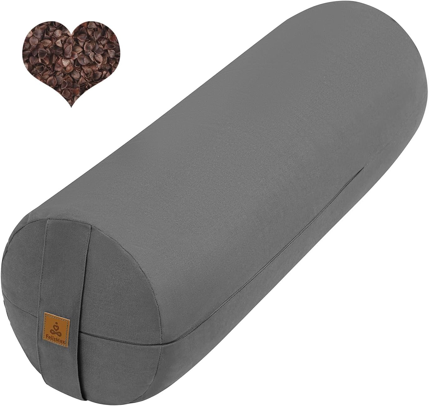 Felizmax Organic Buckwheat Bolster (24x9 In) Supportive Yoga Cushion for Restorative Yoga Accessories, Meditation, Reading &amp;amp; Floor Pillow - Large Round Cylinder (light Grey)