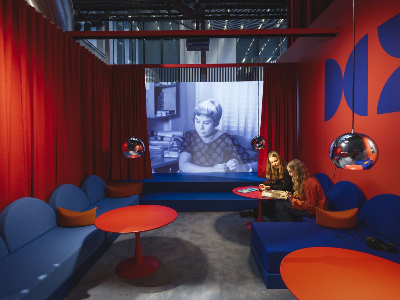 Red and blue exhibition spaces