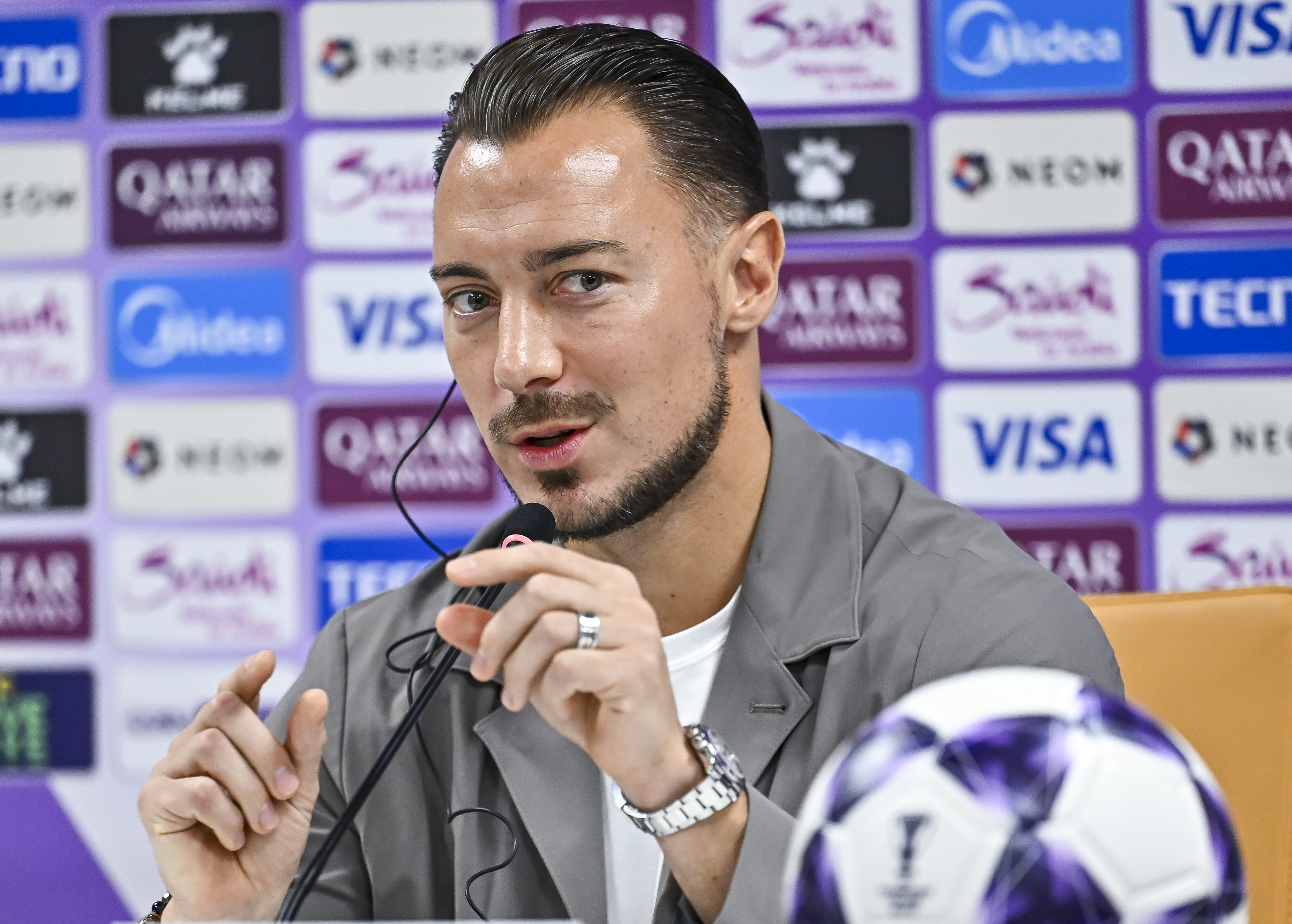 Head coach of Al Ahli Saudi FC, Matthias Jaissle, attends a press conference ahead of the AFC Champions League elite west football match between Qatar&amp;amp;apos;s Al Duhail SC and Saudi Arabia&amp;amp;apos;s Al Ahli Saudi FC at Abdullah Bin Khalifa Stadium in Doha, Qatar, on September 28, 2025. (Photo by Noushad Thekkayil/NurPhoto via Getty Images)