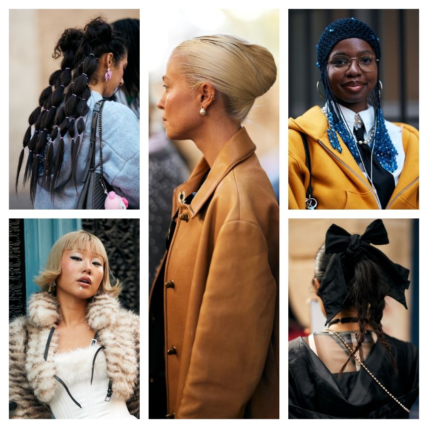 a grid of five women wearing glamorous outfits with chic hairstyles