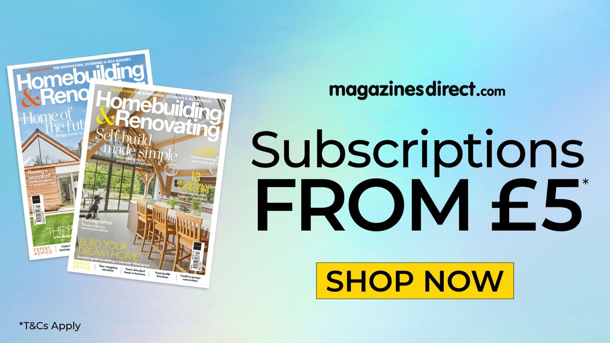 two front covers of Homebuilding &amp; Renovating on a light blue background to promote a subscription offer