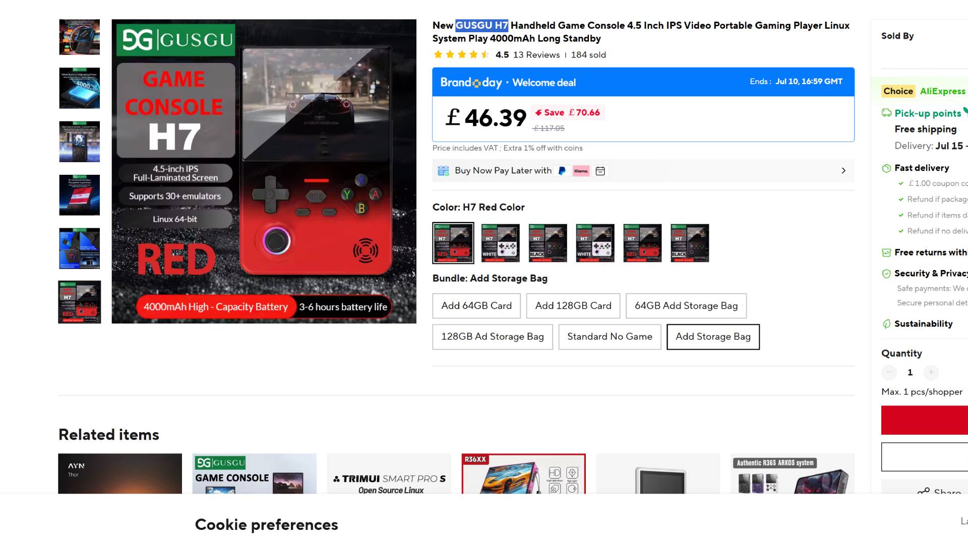 GUSGU H7 handheld listing at AliExpress with image of red version on left that looks like Lenovo G02.