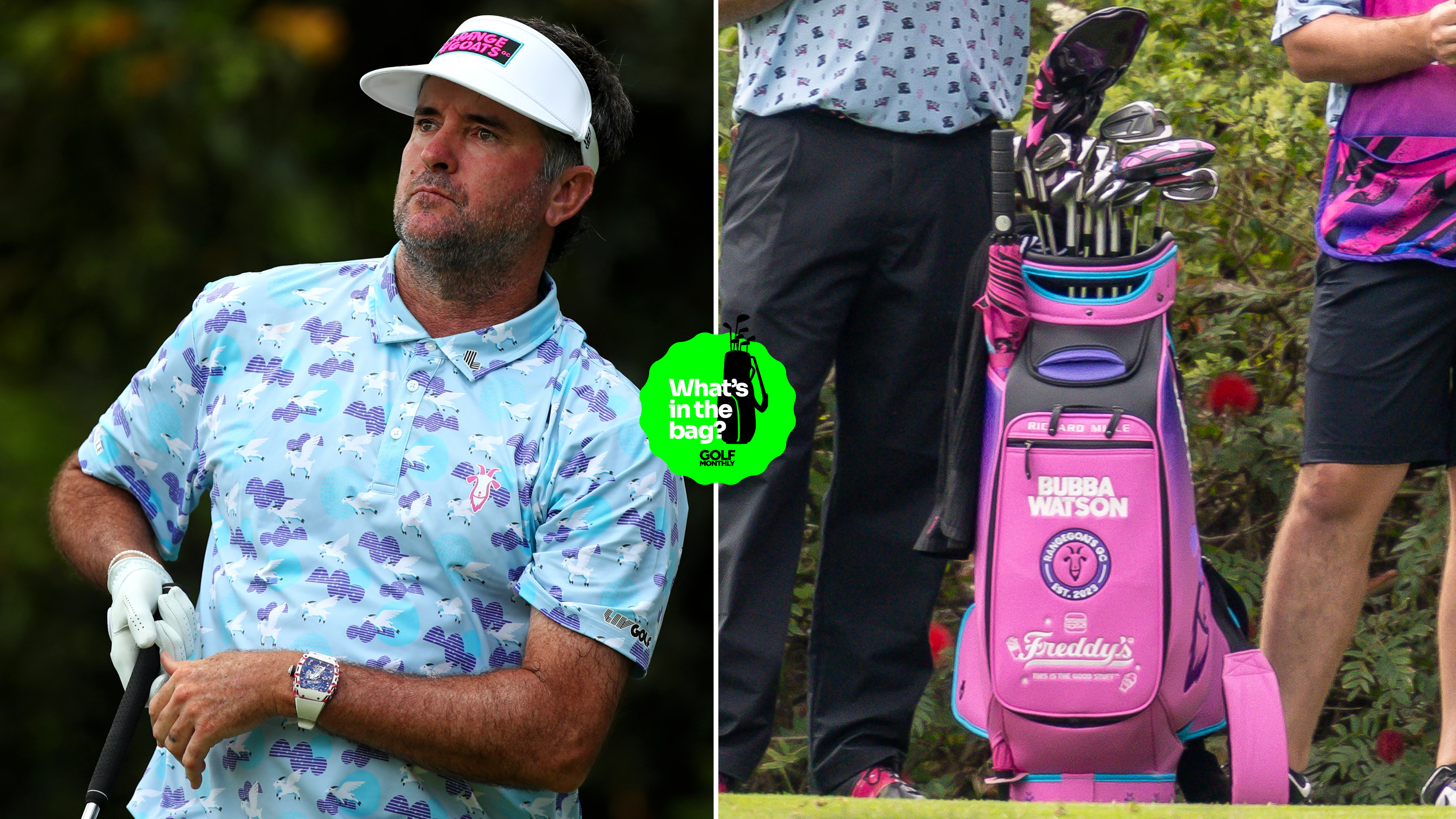 Bubba Watson hits a driver and a close up of his bag