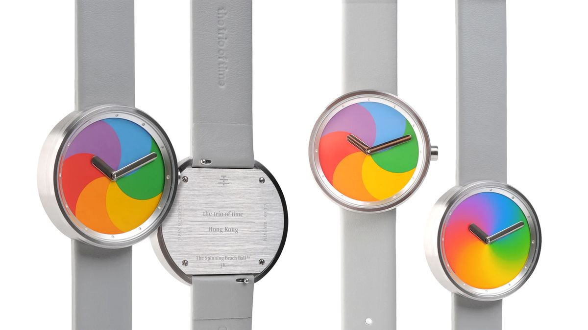 Watch with rainbow spinning beach ball design. 