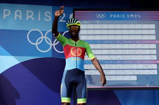 PARIS FRANCE AUGUST 03 Biniam Girmay of Team Eritrea prior to the Mens Road Race on day eight of the Olympic Games Paris 2024 at trocadero on August 03 2024 in Paris France Photo by Tim de WaeleGetty Images