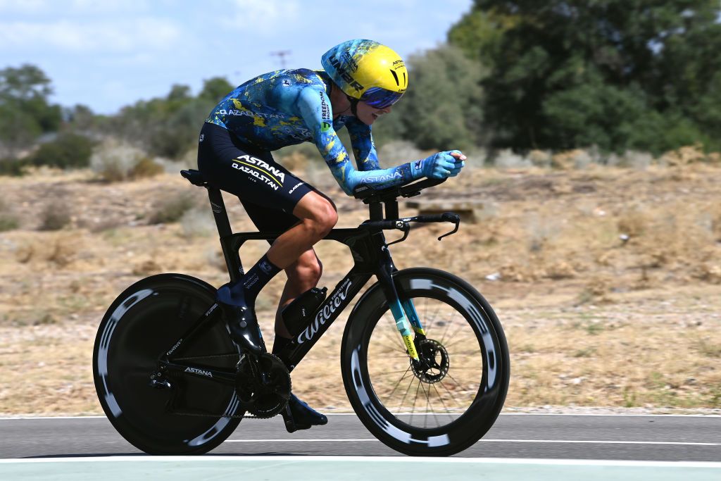 VALLADOLID SPAIN SEPTEMBER 05 Joe Dombrowski of The United States and Astana Qazaqstan Team sprints during the 78th Tour of Spain 2023 Stage 10 a 258km individual time trial stage from Valladolid to Valladolid UCIWT on September 05 2023 in Valladolid Spain Photo by Tim de WaeleGetty Images