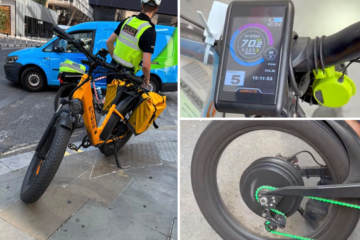 A collage of non-compliant e-bikes seized by the police