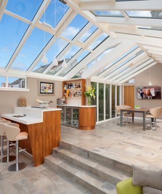 large kitchen conservatory with steps inside