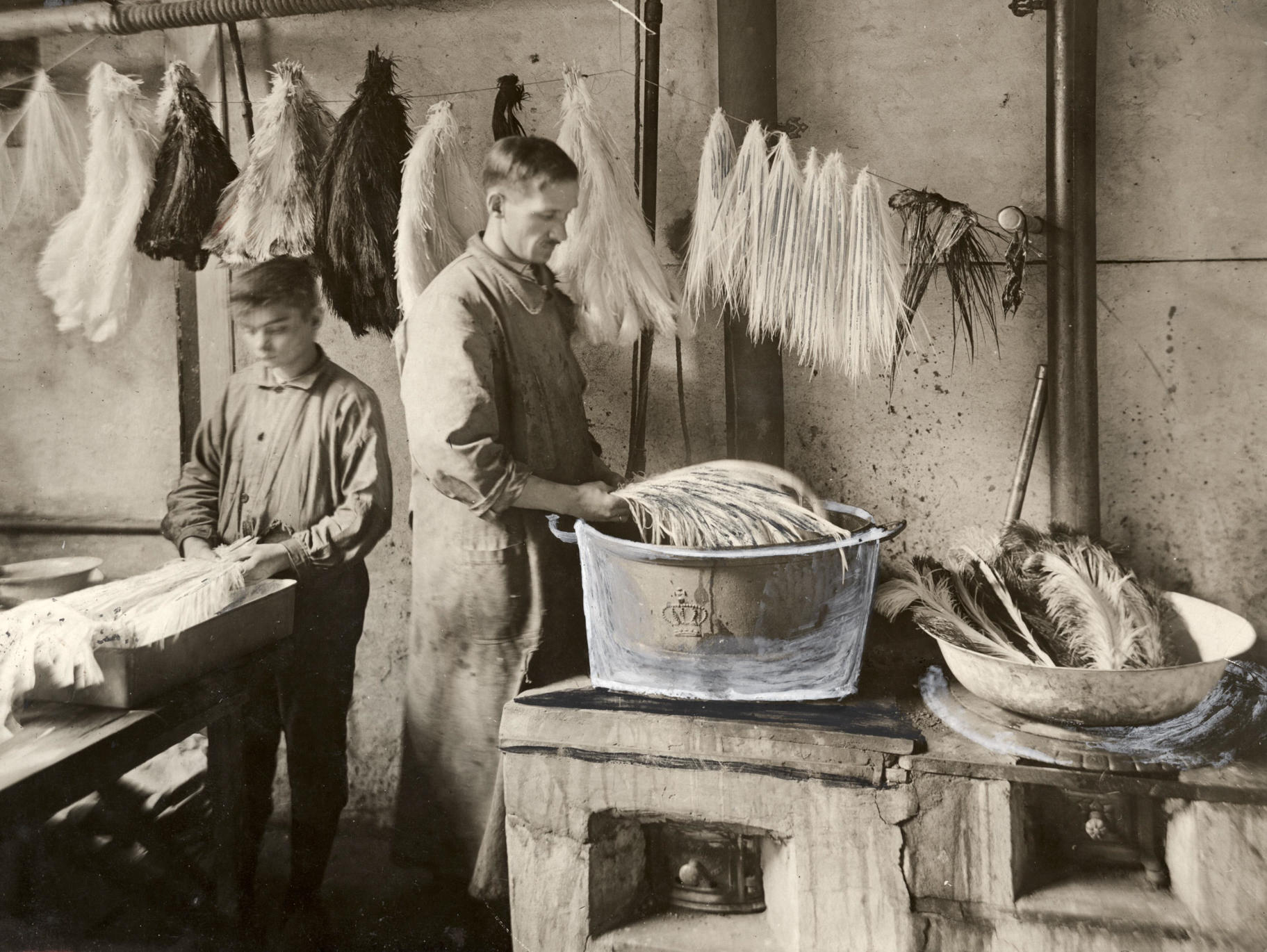Man and boy dyeing ostrich feathers in a workshop