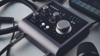 An Audient iD4 MKII audio interface on a desk