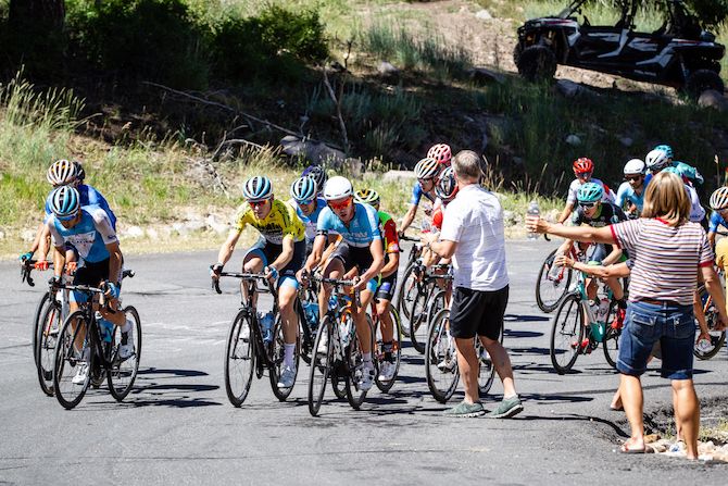 The yellow jersey leads the main group into Wolf Creek Ranch on stage 6 of the 2019 Tour of Utah