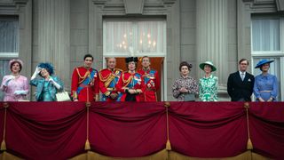 Cast of Netflix's The Crown during a scene at Buckingham Palace
