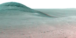 This June 2017 stereo view from NASA's Opportunity Mars rover shows the area just above "Perseverance Valley" on the rim of a crater. It combines images from the left eye and right eye of the rover's Pancam to appear 3D when seen through blue-red glasses, with the red lens on the left.