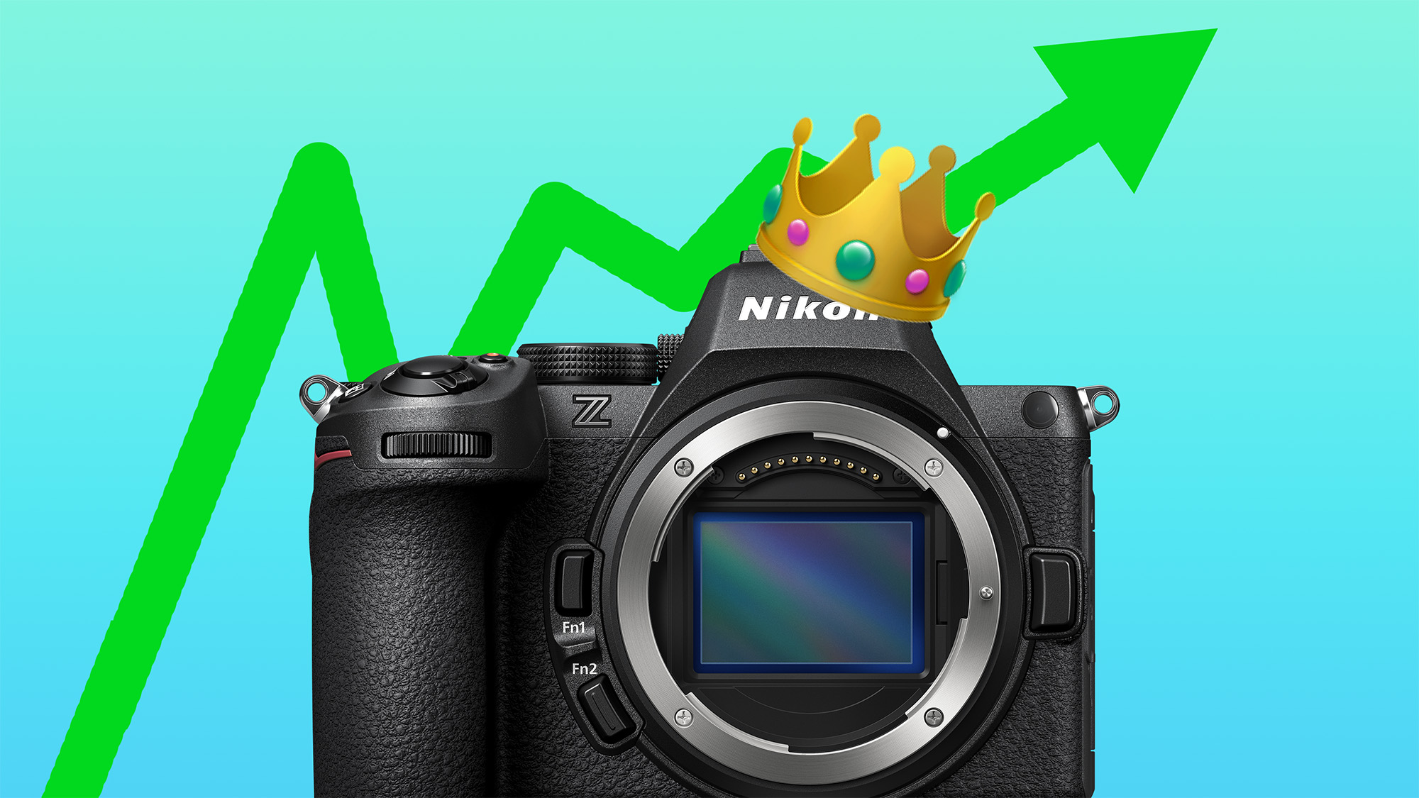 Nikon Z5 II with Crown emoji overlaid on top, with green upward arrow in background on blue to green gradient