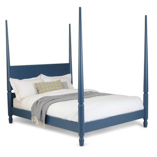 Pinner four poster Bed painted blue with white and grey fabric