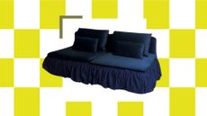 Yellow and white checkerboard background with a cutout image of a navy blue, ruffled sofa in the center