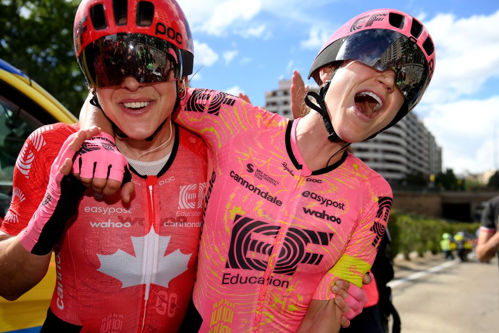 ZARAGOZA SPAIN MAY 01 Stage winner Kristen Faulkner of The United States and Team EF EducationCannondale R celebrates the victory with her teammate Magdeleine Vallieres of Canada L and Alison Jackson of Canada after the 10th La Vuelta Femenina 2024 Stage 4 a 1423km stage from Molina de Aragon to Zaragoza UCIWWT on May 01 2024 in Zaragoza Spain Photo by Alex BroadwayGetty Images