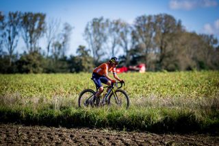 Dutch Marianne Vos pictured in action during the women elite race at the UCI World Gravel Championships, Saturday 05 October 2024, in Leuven. BELGA PHOTO JASPER JACOBS (Photo by JASPER JACOBS / BELGA MAG / Belga via AFP)