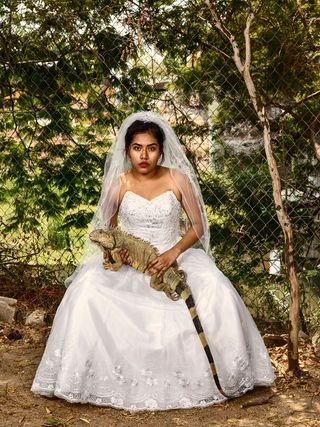 Woman in wedding dress holding an iguana