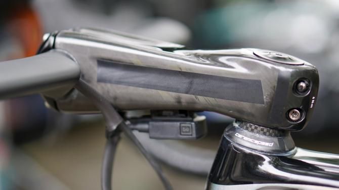Sagan prefers the massive stiffness of Zipp&rsquo;s SL Sprint stem. Zipp isn&rsquo;t a team sponsor, so his stem gets the electrical-tape treatment