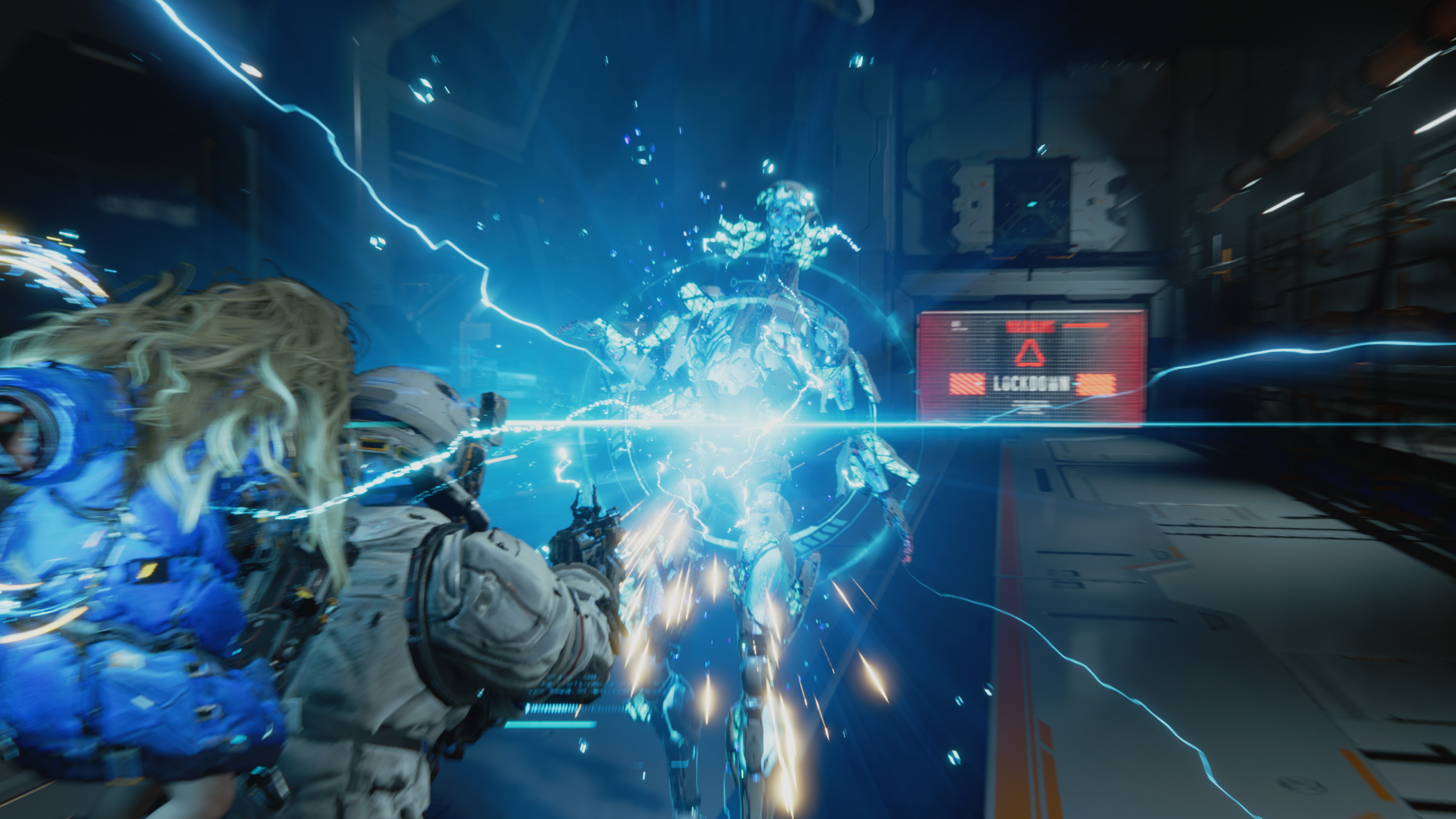 A robot explodes into blue light in Pragmata