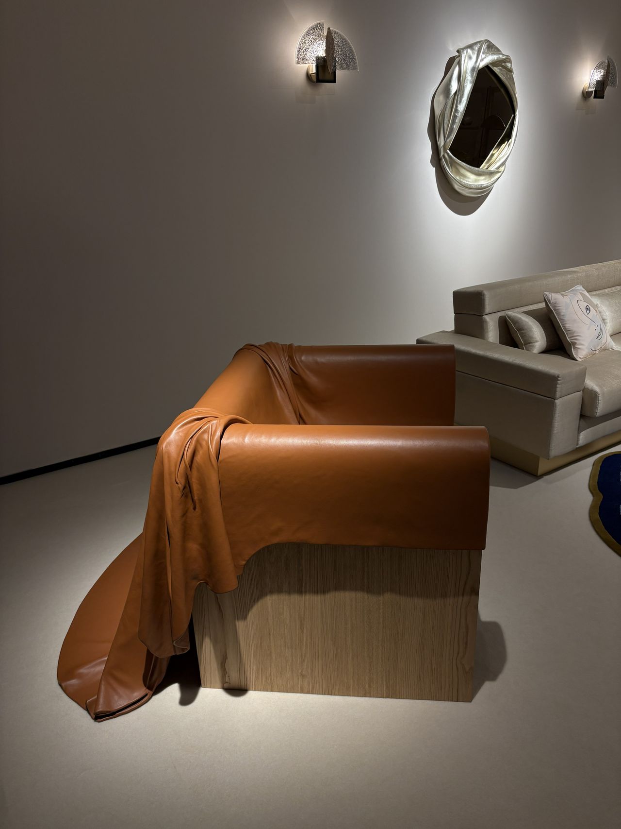 Installation view of a series of experimental furniture pieces showcased in galleries and hotel bedrooms in an elevated setup.