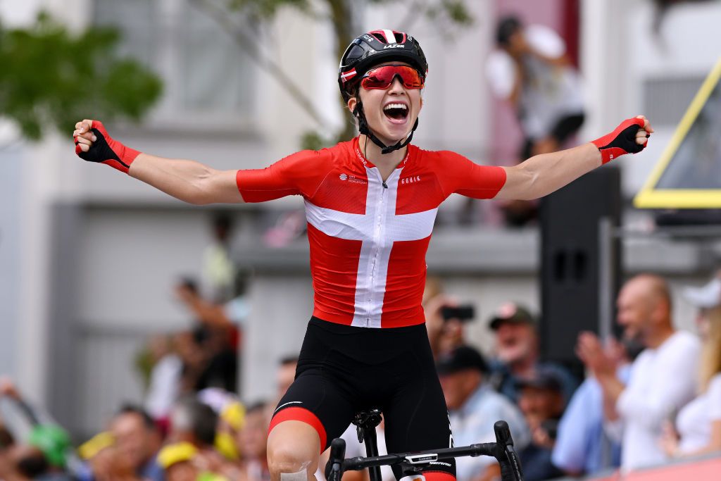 EPERNAY FRANCE JULY 26 Cecilie Uttrup Ludwig of Denmark and Team Fdj Nouvelle Aquitaine Futuroscope celebrates winning during the 1st Tour de France Femmes 2022 Stage 3 a 1336km stage from Reims to pernay TDFF UCIWWT on July 26 2022 in Epernay France Photo by Dario BelingheriGetty Images