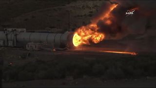 The engine for NASA's SLS rocket booster sputters to a halt after burning for more than 2 minutes during a test on June 28, 2016.