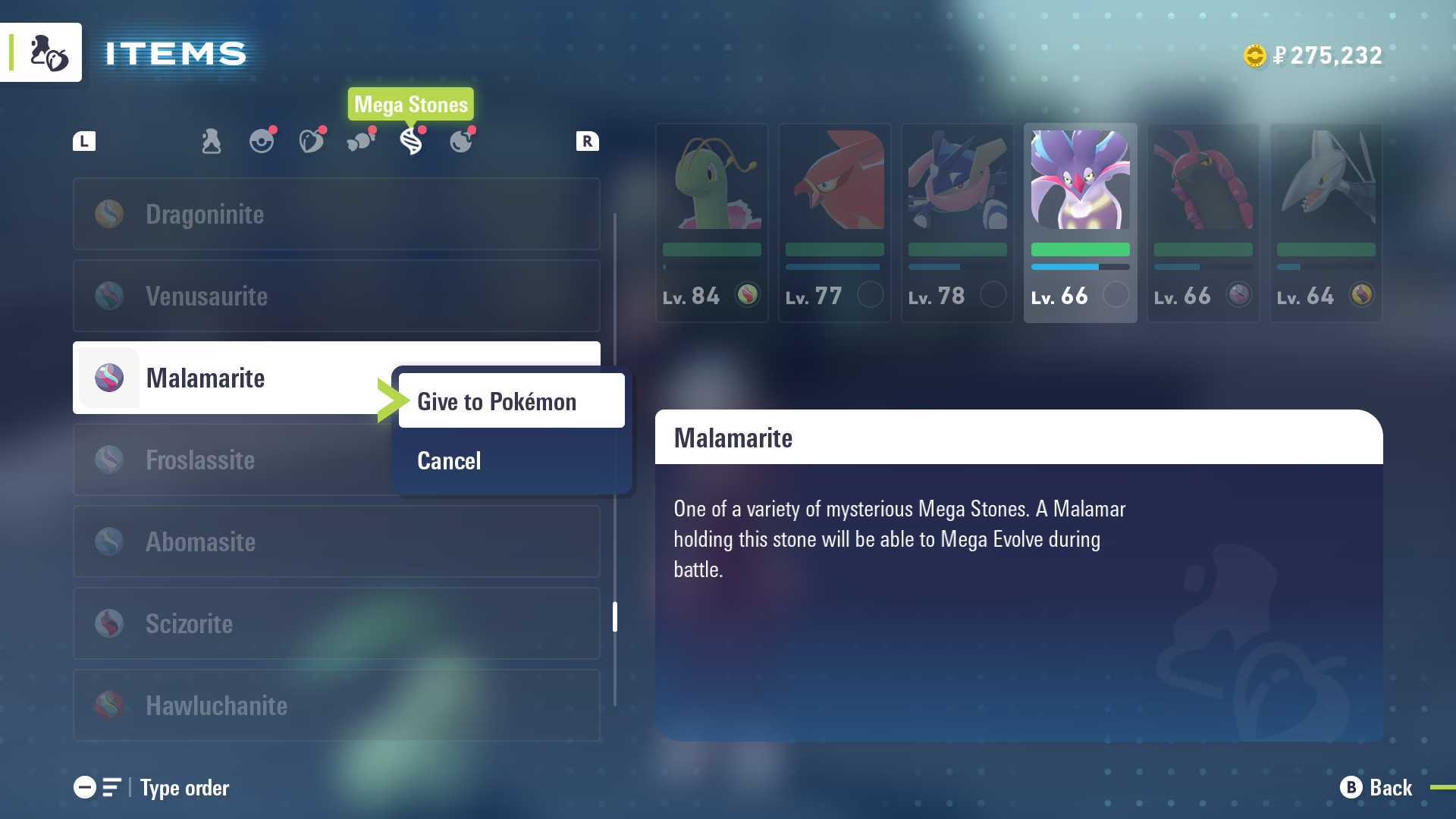 Giving a Malamar a Malamarite in Pokemon Legends: Z-A.
