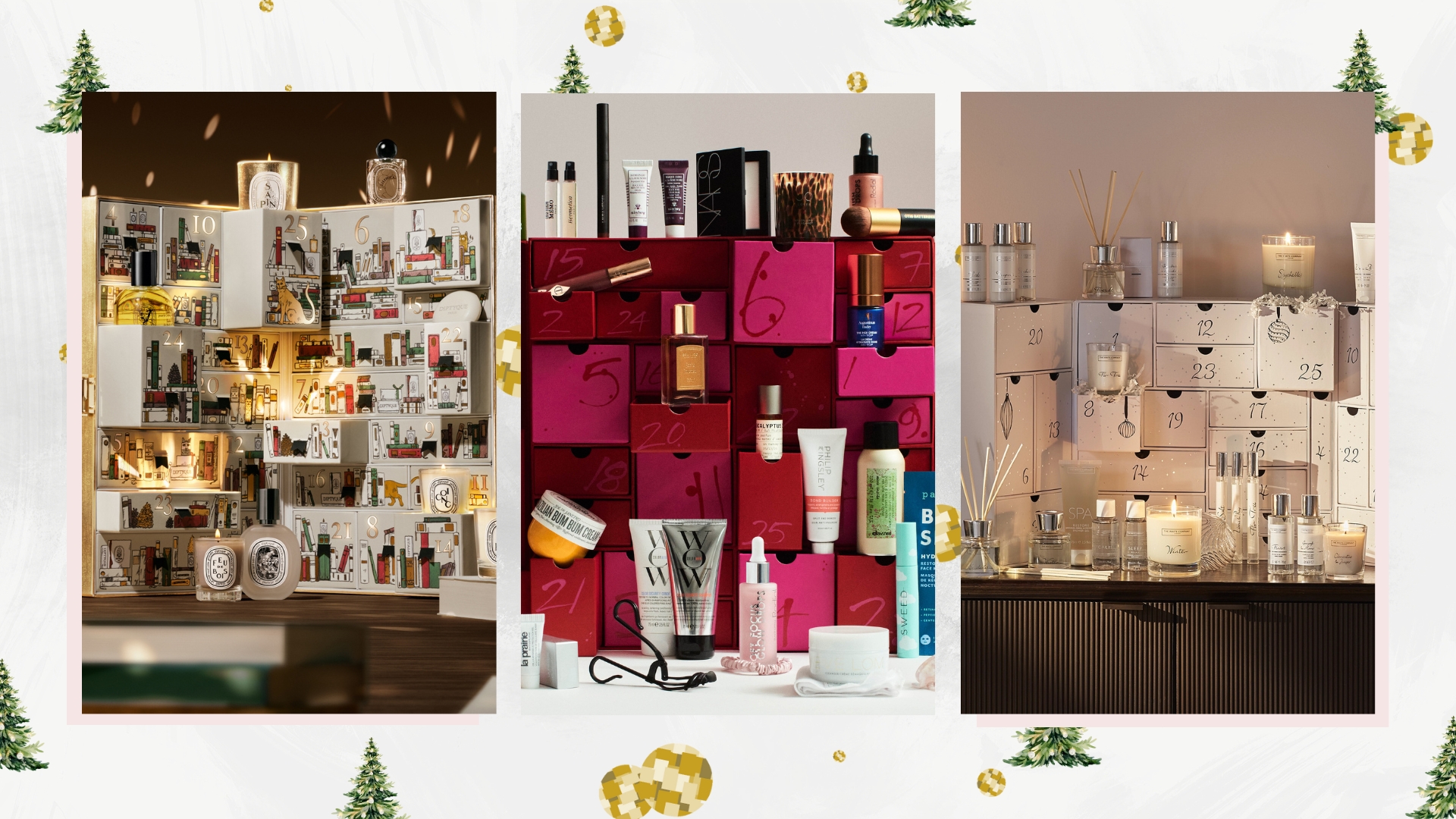 Collage of the best beauty advent calendars of 2025 (L-R) Diptyque, Harvey Nichols and The White Company on a white background with Christmas trees and gold baubles