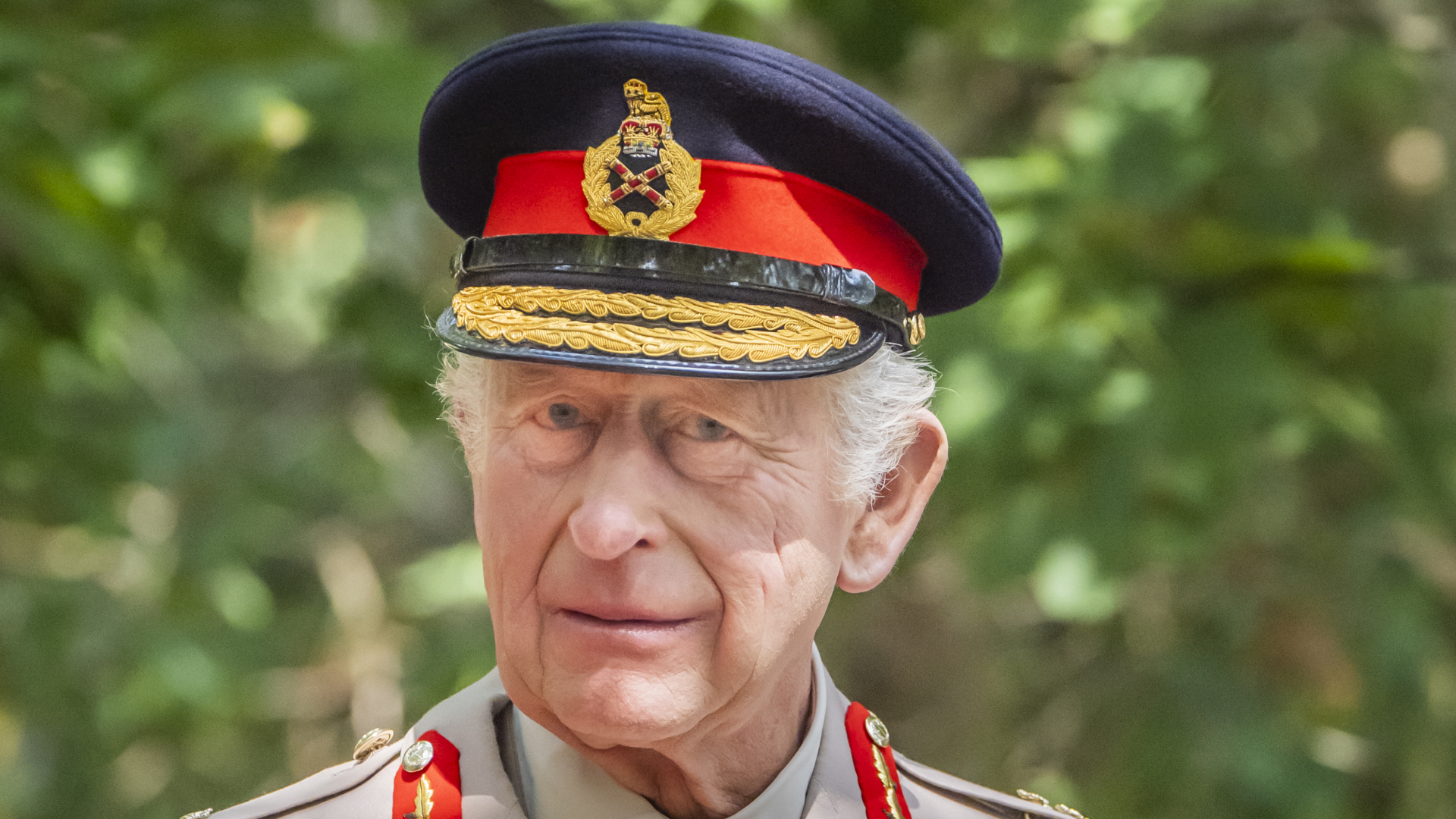 King Charles wearing a military uniform standing in front of a tree
