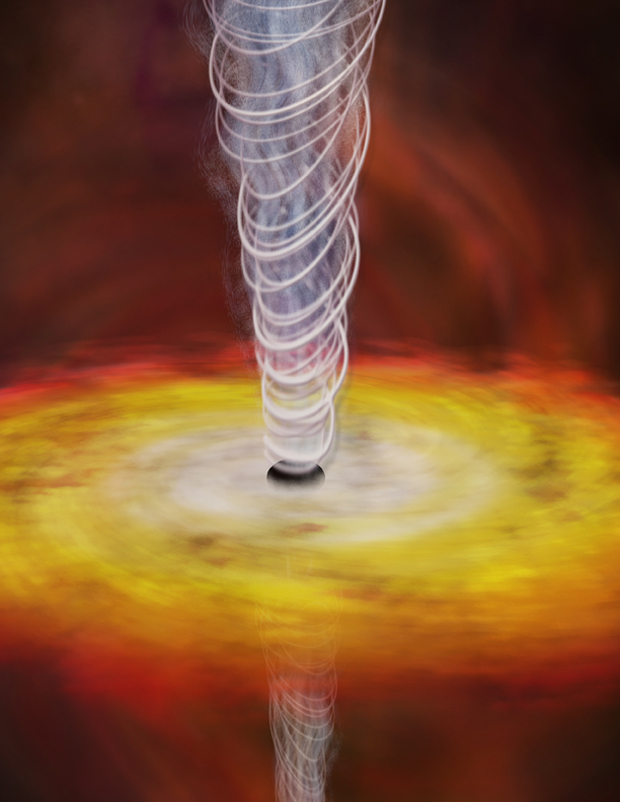 The artist&#039;s illustration shows a close-up view of jets erupting away from the supermassive black hole at the center of a galaxy.