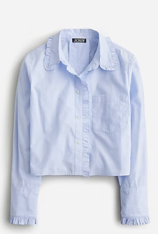 Ruffle-Trim Button-Up Shirt in Cotton Poplin