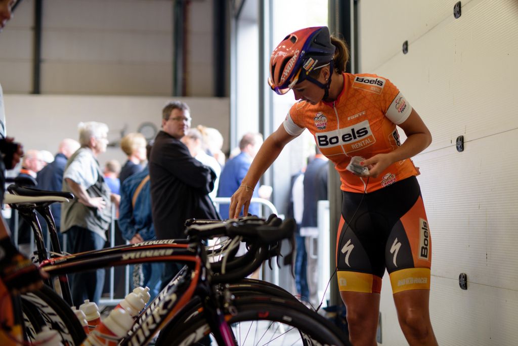 Race leader Chantal Blaak (Boels Dolmans) checks her bike pre-stage