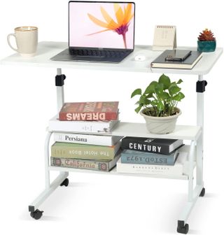 White couch table with wheels and extra shelving