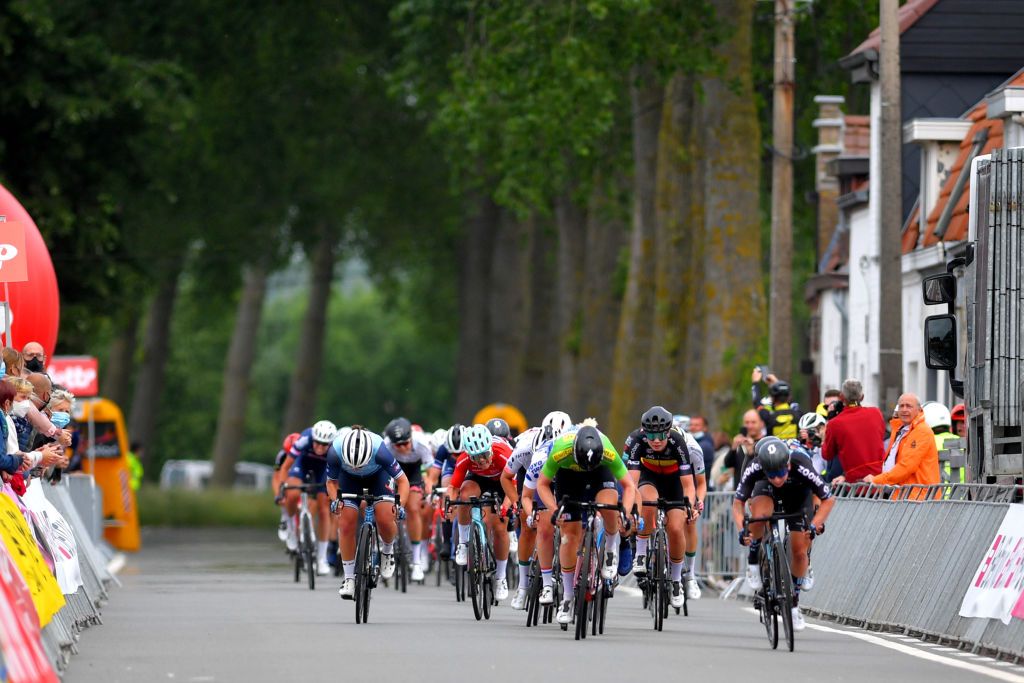 BRUGGE BELGIUM JUNE 23 Lorena Wiebes of The Netherlands and Team DSM Jolien Dhoore of Belgium and Belgium National Team Green Points Jersey Lotte Kopecky of Belgium and Belgium National Team sprint at arrival during the 9th Lotto Belgium Tour 2021 Stage 1 a 1126km stage from Blankenberge to Bruges LottoBelgTour LottoBelgiumTour on June 23 2021 in Brugge Belgium Photo by Luc ClaessenGetty Images