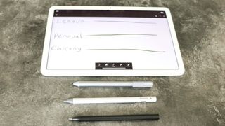 A picture showing line drawing tests using three styluses with the Pixel Tablet