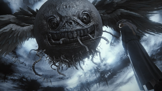 A giant, eldritch moon with horrifying wings looms ominously.