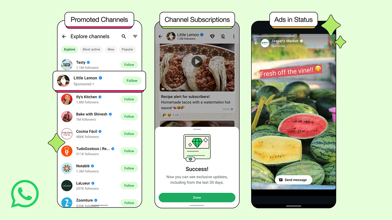Image of WhatsApp updates to channels and subscriptions and the inclusion of ads.