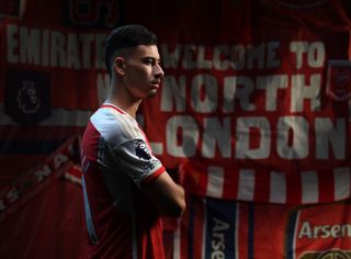 Gabriel Martinelli of Arsenal poses during the Arsenal Men's team photocall at London Colney on August 08, 2023 in St Albans, England.
