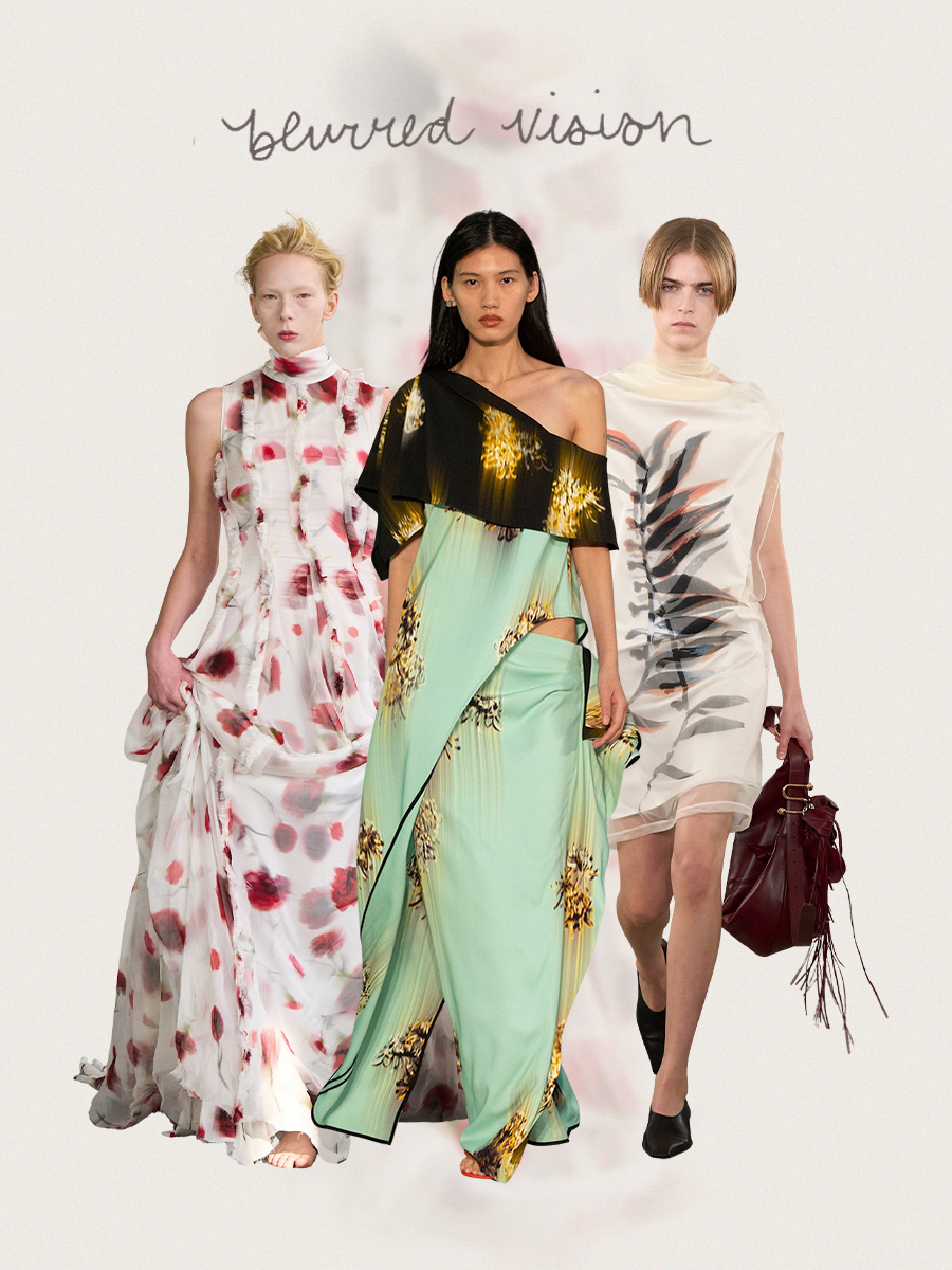 Spring 2026 print trends are shown in a collage of runway images, featuring three models walking down the catwalk wearing the &amp;quot;blurred vision&amp;quot; print trend, also known as the double-layered print trend. On the right, a model walking in Alainpaul's spring show is wearing a blurred-floral-print, floor-length gown in white and red, styled with white shoes. In the middle, a model walking in Proenza Schouler's spring runway show is wearing a futuristic, semi-blurry, floral-print top with an asymmetrical hemline. The black-teal-and-gold floral print top is styled with a matching skirt and black sandals. On the left, a model walking in Sportmax's spring runway show, wearing a white silk-and-oranga mini dress with a blurred double-layer palm leaf print. The blurry-print dress is styled with black pointed high-vamp heels and a burgundy red bag.