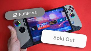 MSI Claw 8 AI+ handheld with a red background, behind 'Notify Me' and 'Sold Out' banners.